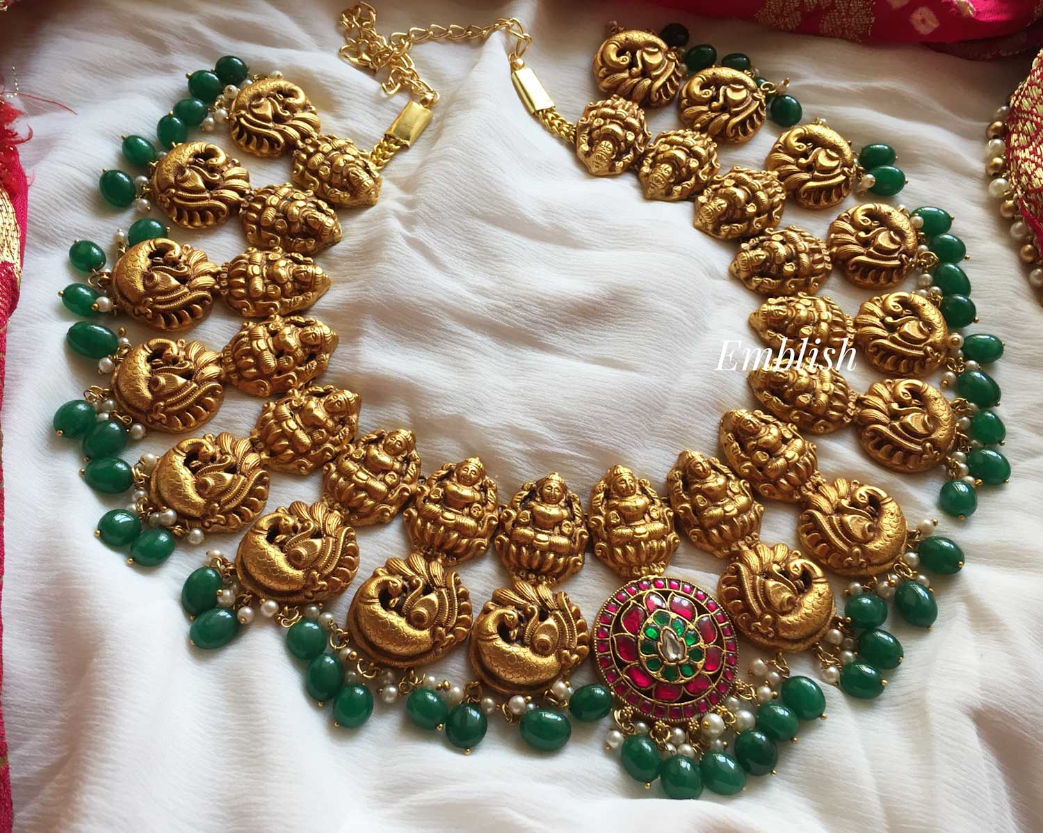 Kundan jadau Gheru polish double layer  Lakshmi green beads neckpiece
